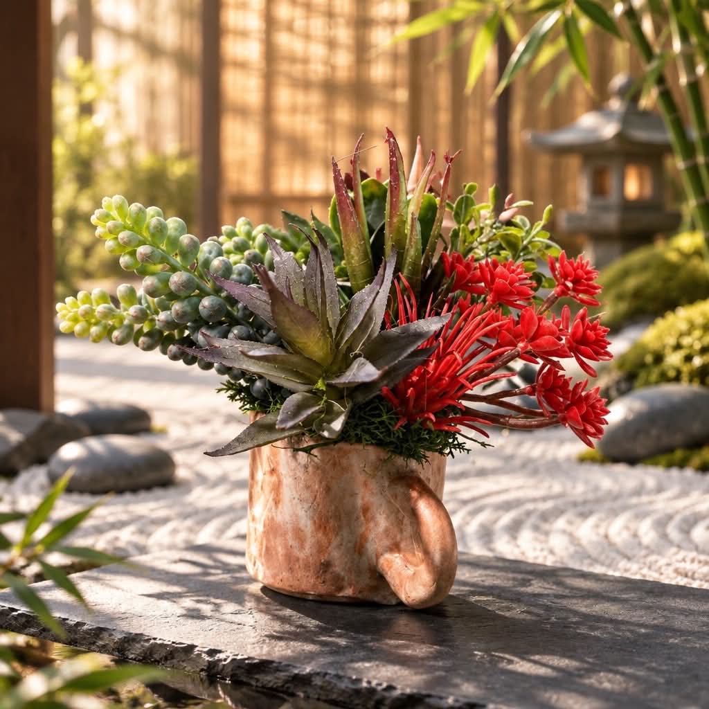 tasse cœur et ses plantes grasses